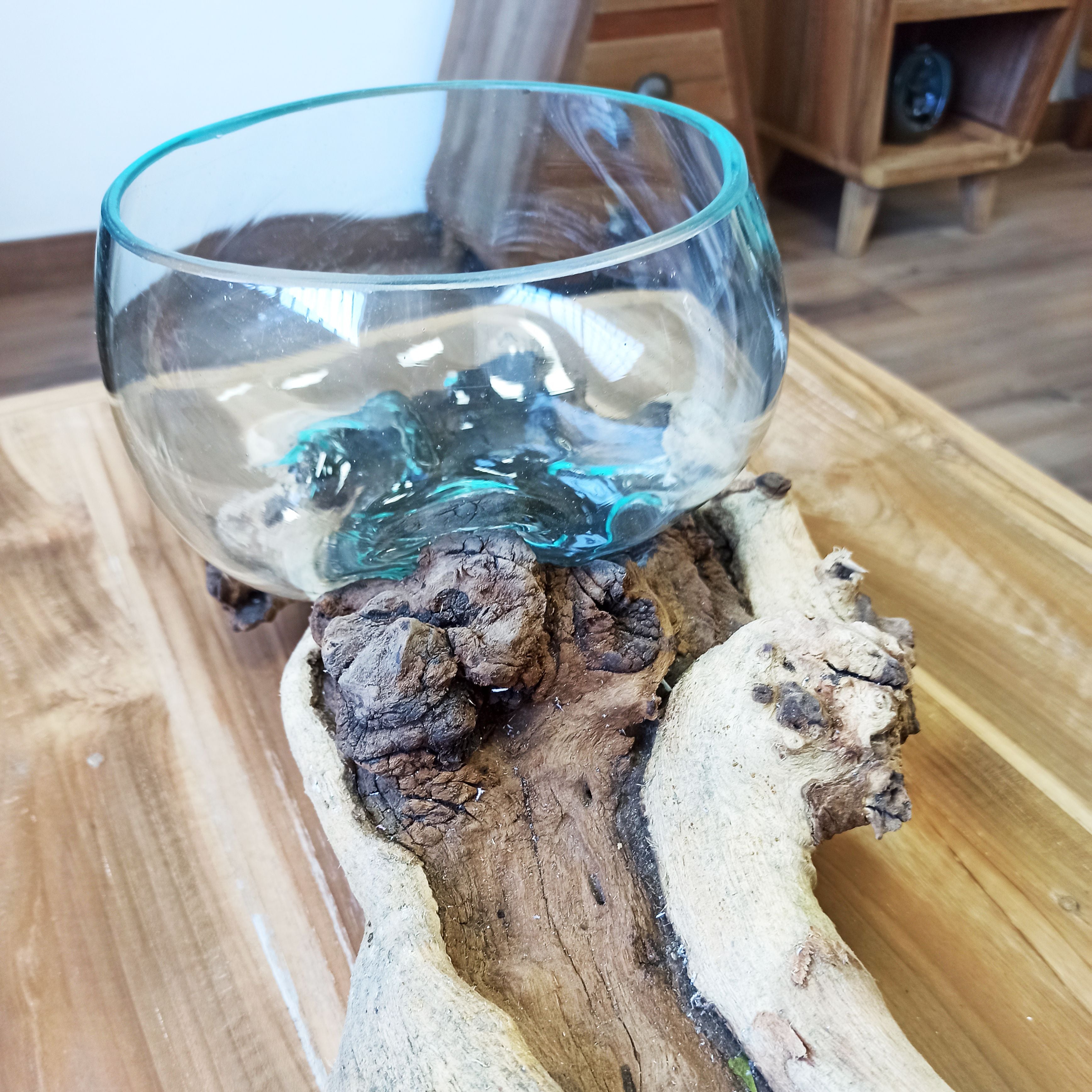 Handmade Molten Glass Stand on Natural Wood – Unique Home Decor UK