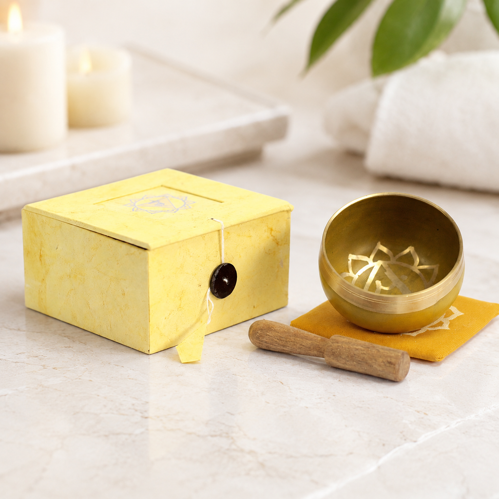 Solar Plexus Chakra Singing Bowl for Meditation - Authentic Indian Brass Sound Therapy Bowl (8x8x5 cm)