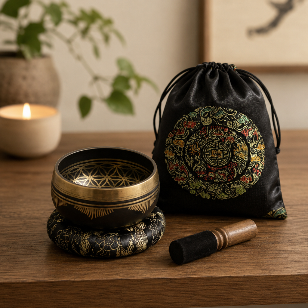 Authentic Flower of Life Singing Bowl Set - 9cm Brass Meditation Bowl 715 Hz - Nepal 7