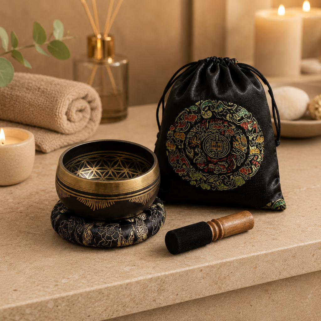 Authentic Flower of Life Singing Bowl Set - 9cm Brass Meditation Bowl 715 Hz - Nepal 8