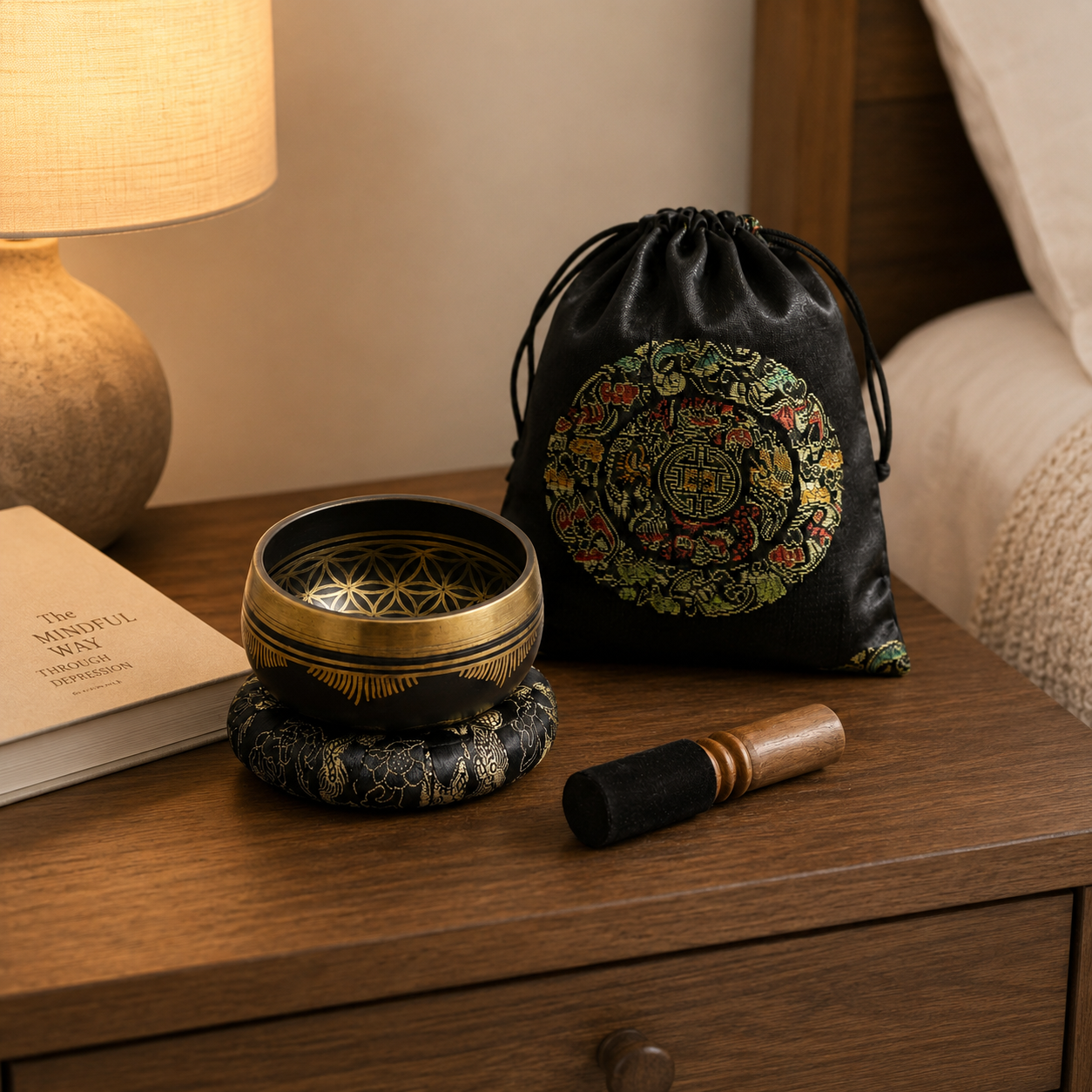 Authentic Flower of Life Singing Bowl Set - 9cm Brass Meditation Bowl 715 Hz - Nepal 