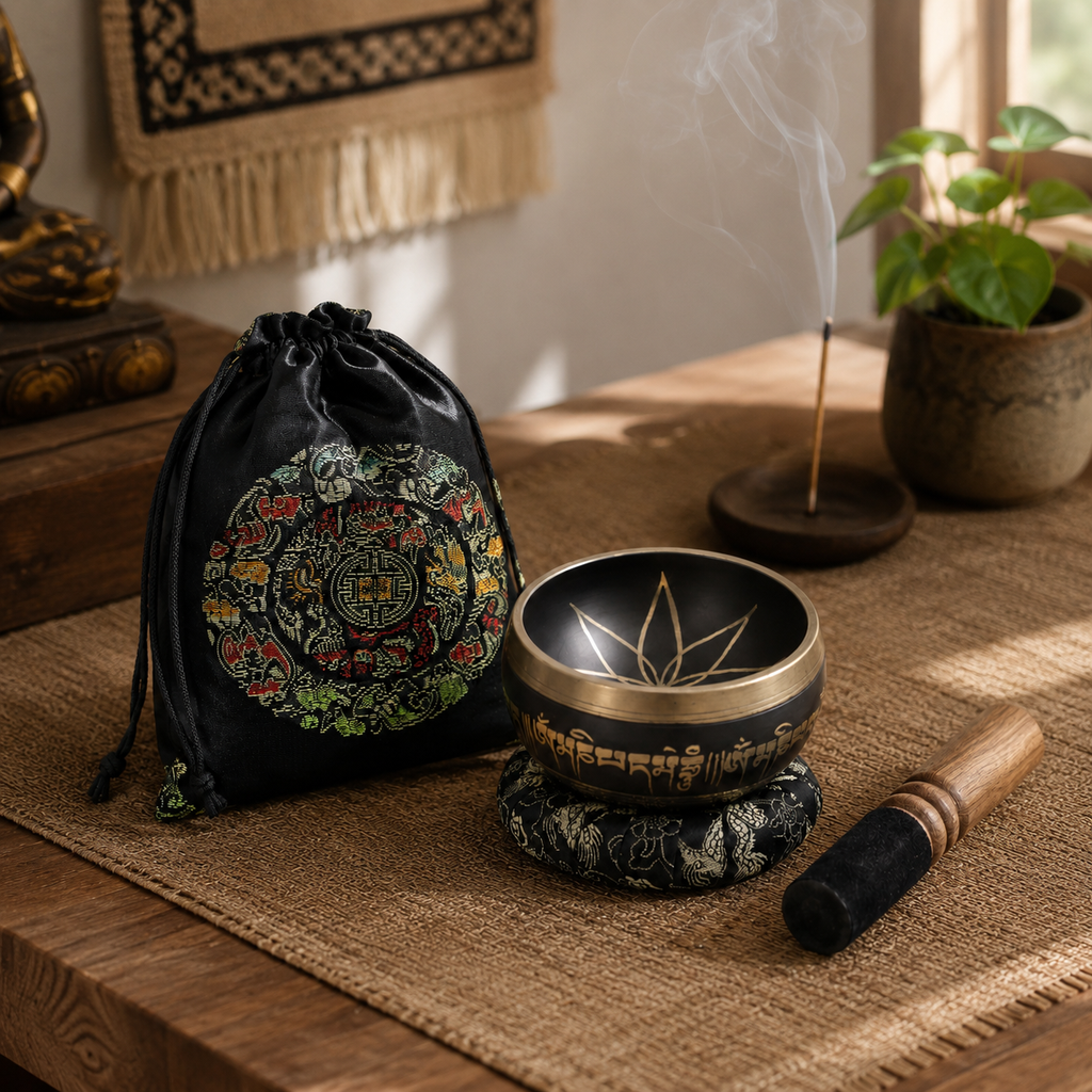 Authentic Lotus Flower Singing Bowl Set - 9cm Brass Meditation Bowl 659 Hz - Nepal 9