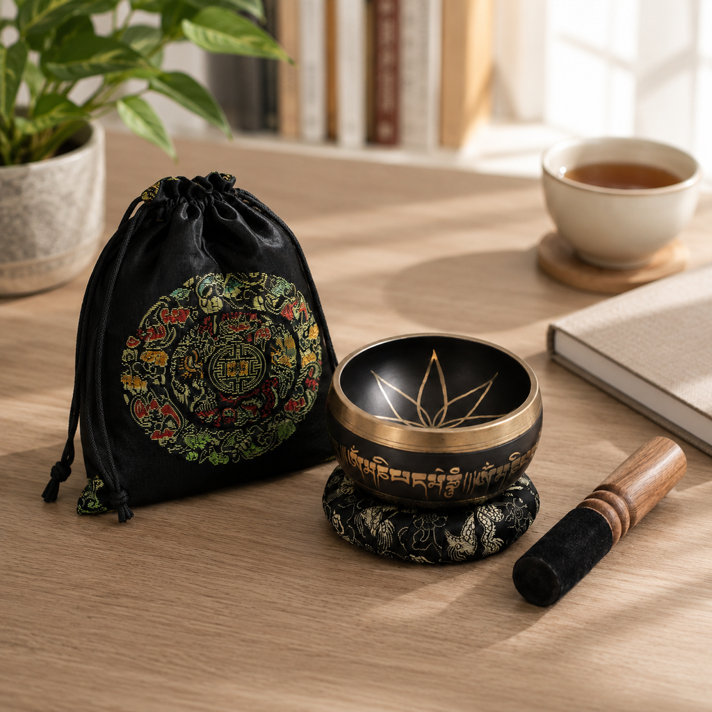 Authentic Lotus Flower Singing Bowl Set - 9cm Brass Meditation Bowl 659 Hz - Nepal 10