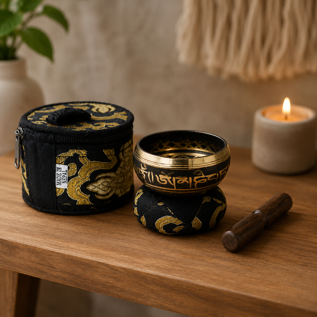 Mini Singing Bowl Gift Set 6x8 (cm) Black, Brass from Nepal (7