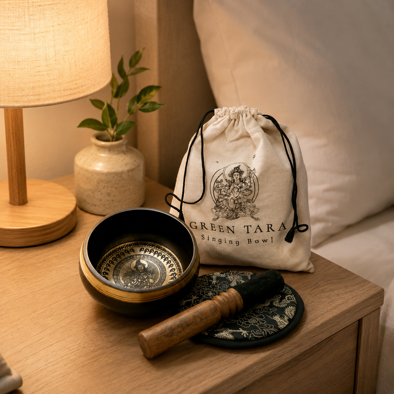 Hand Beaten & Engraved Singing Bowl Gift Set - 14cm - Green Tara