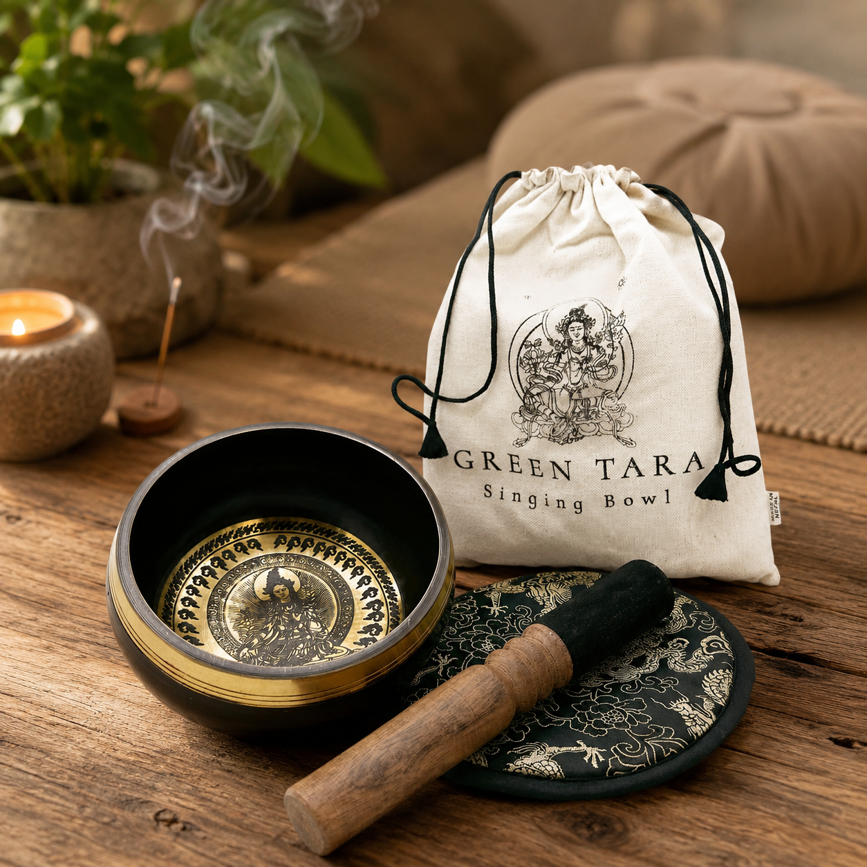 Hand Beaten & Engraved Singing Bowl Gift Set - 14cm - Green Tara