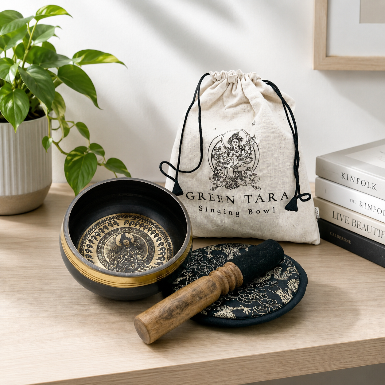 Hand Beaten & Engraved Singing Bowl Gift Set - 14cm - Green Tara