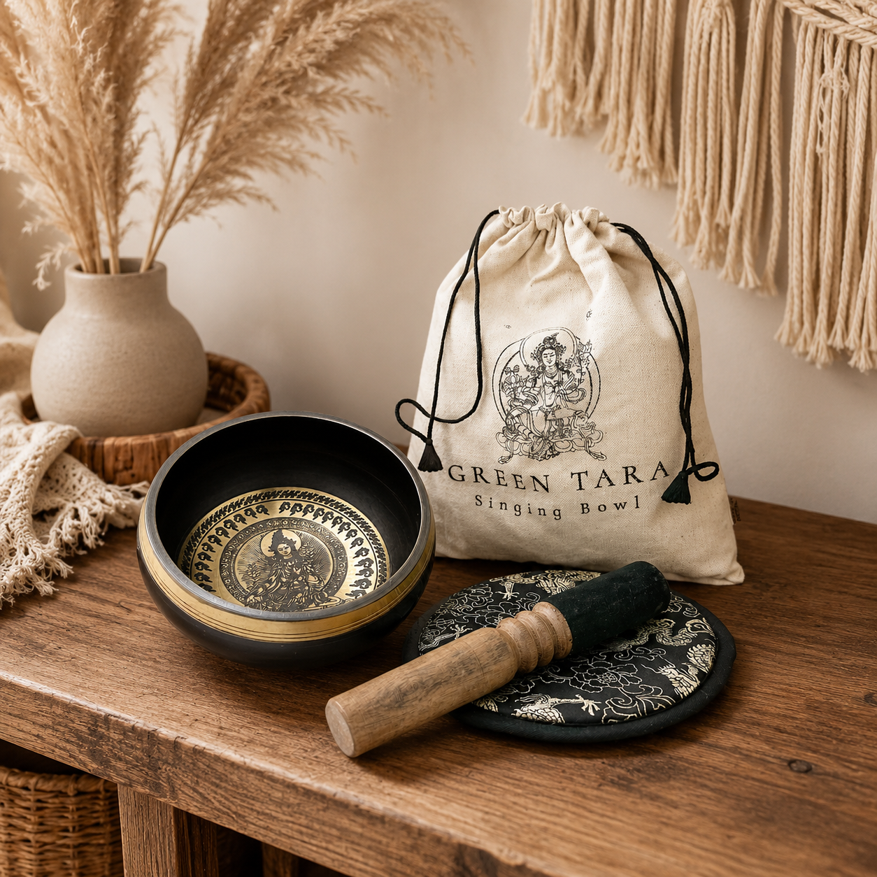 Hand Beaten & Engraved Singing Bowl Gift Set - 14cm - Green Tara