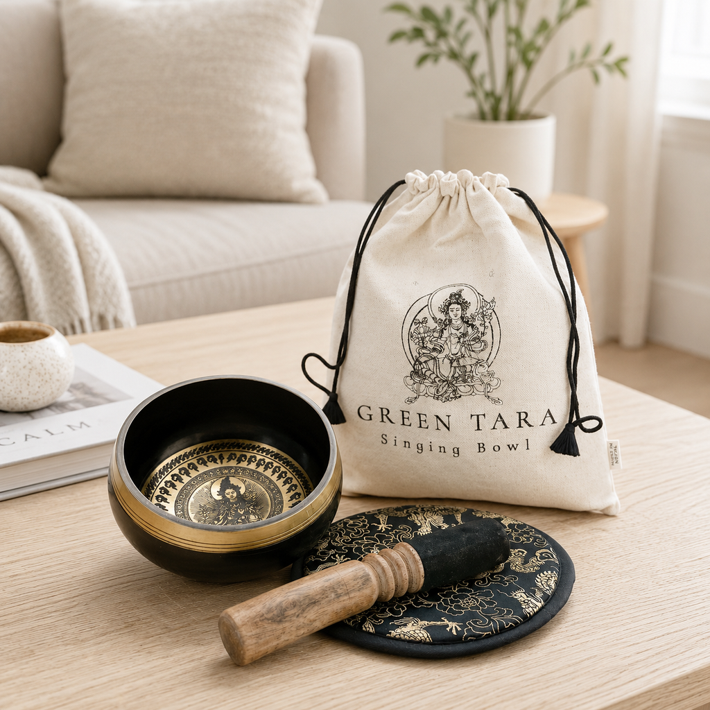 Hand Beaten & Engraved Singing Bowl Gift Set - 14cm - Green Tara
