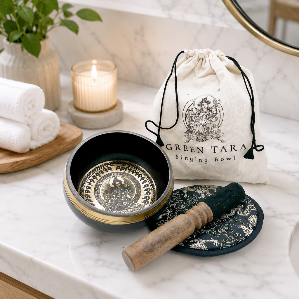 Hand Beaten & Engraved Singing Bowl Gift Set - 14cm - Green Tara