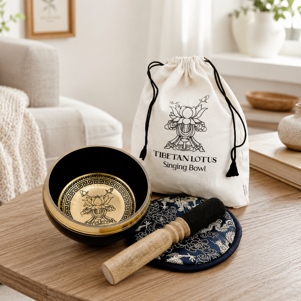 Hand Beaten & Engraved Singing Bowl Gift Set - 14cm - Lotus Flower