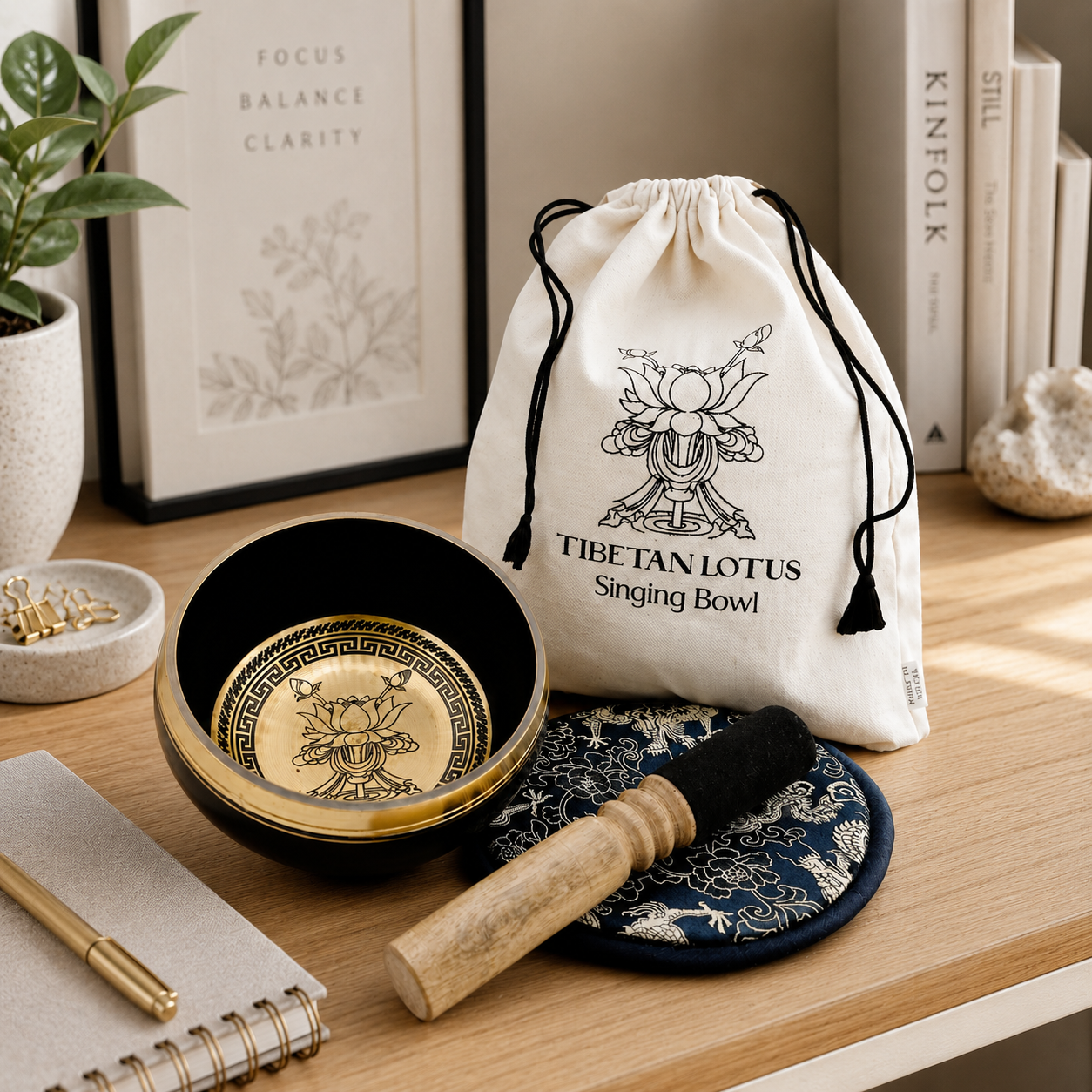 Hand Beaten & Engraved Singing Bowl Gift Set - 14cm - Lotus Flower