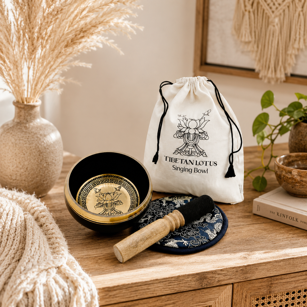 Hand Beaten & Engraved Singing Bowl Gift Set - 14cm - Lotus Flower