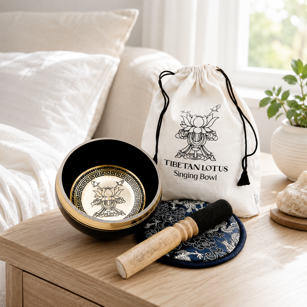 Hand Beaten & Engraved Singing Bowl Gift Set - 14cm - Lotus Flower