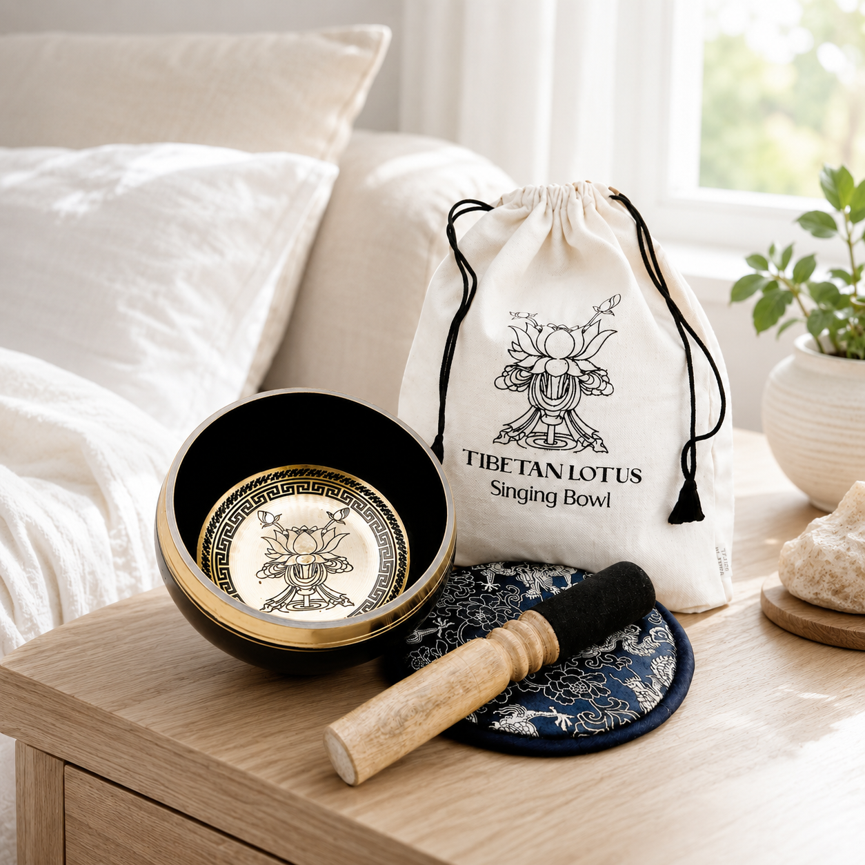Hand Beaten & Engraved Singing Bowl Gift Set - 14cm - Lotus Flower