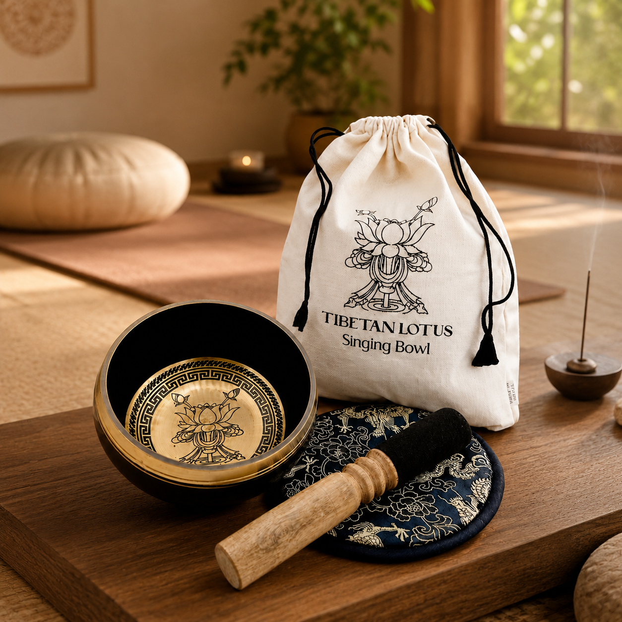Hand Beaten & Engraved Singing Bowl Gift Set - 14cm - Lotus Flower