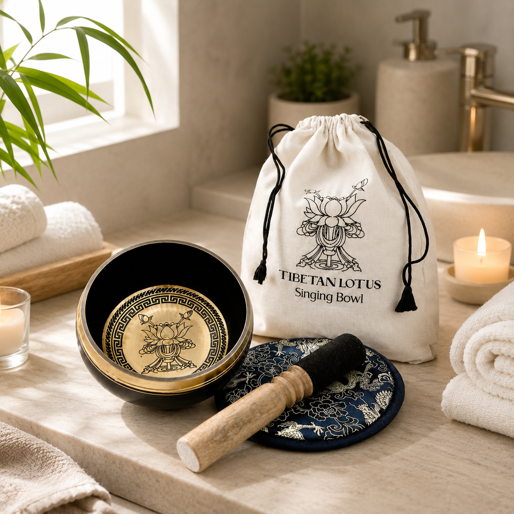Hand Beaten & Engraved Singing Bowl Gift Set - 14cm - Lotus Flower