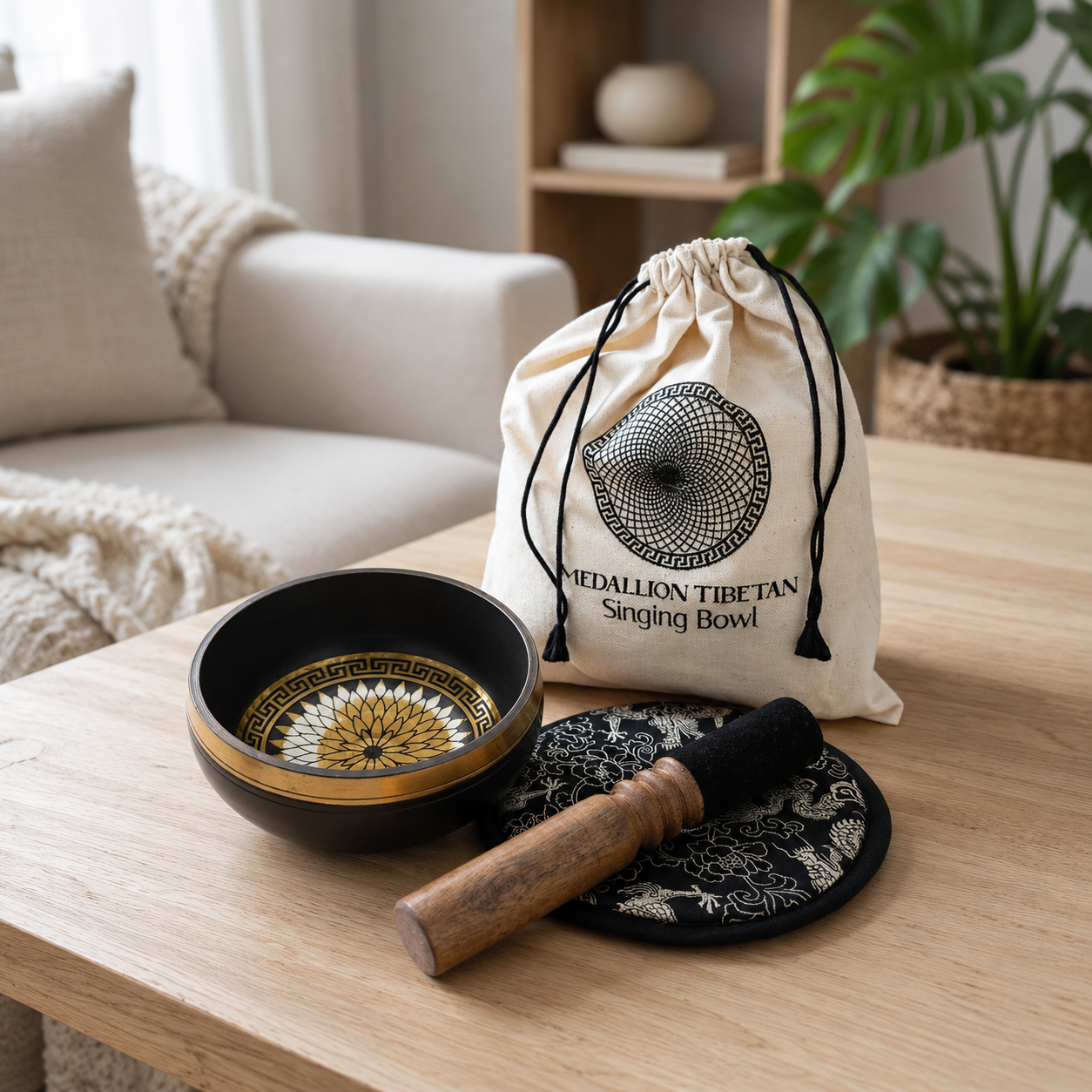 Hand Beaten & Engraved Singing Bowl Gift Set - 14cm - Round Medallions