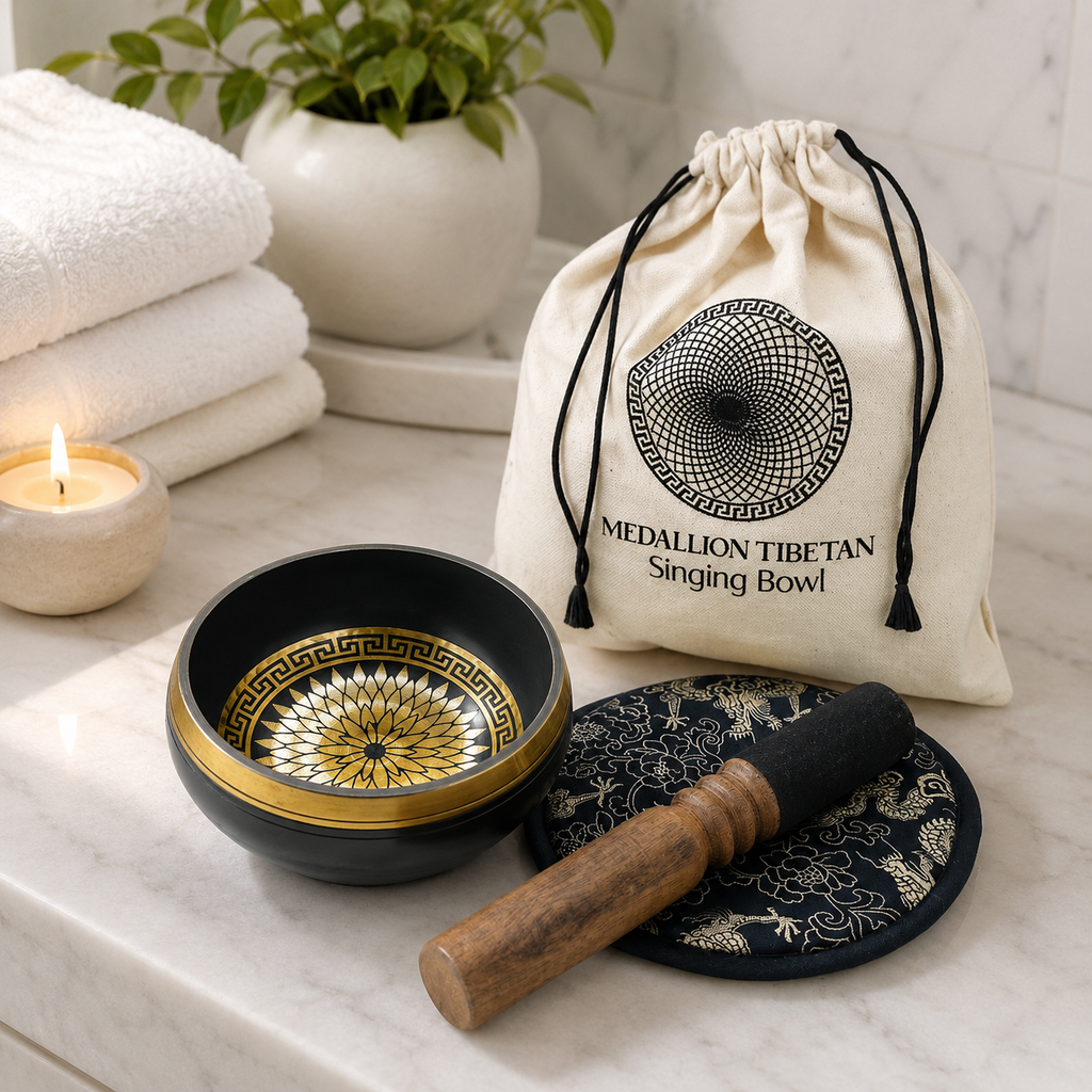 Hand Beaten & Engraved Singing Bowl Gift Set - 14cm - Round Medallions