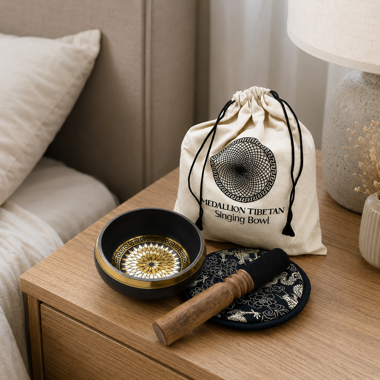 Hand Beaten & Engraved Singing Bowl Gift Set - 14cm - Round Medallions