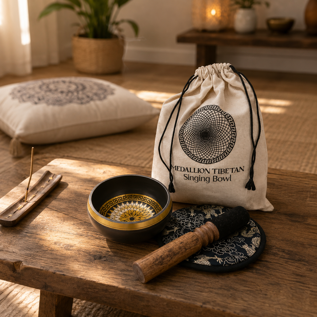 Hand Beaten & Engraved Singing Bowl Gift Set - 14cm - Round Medallions