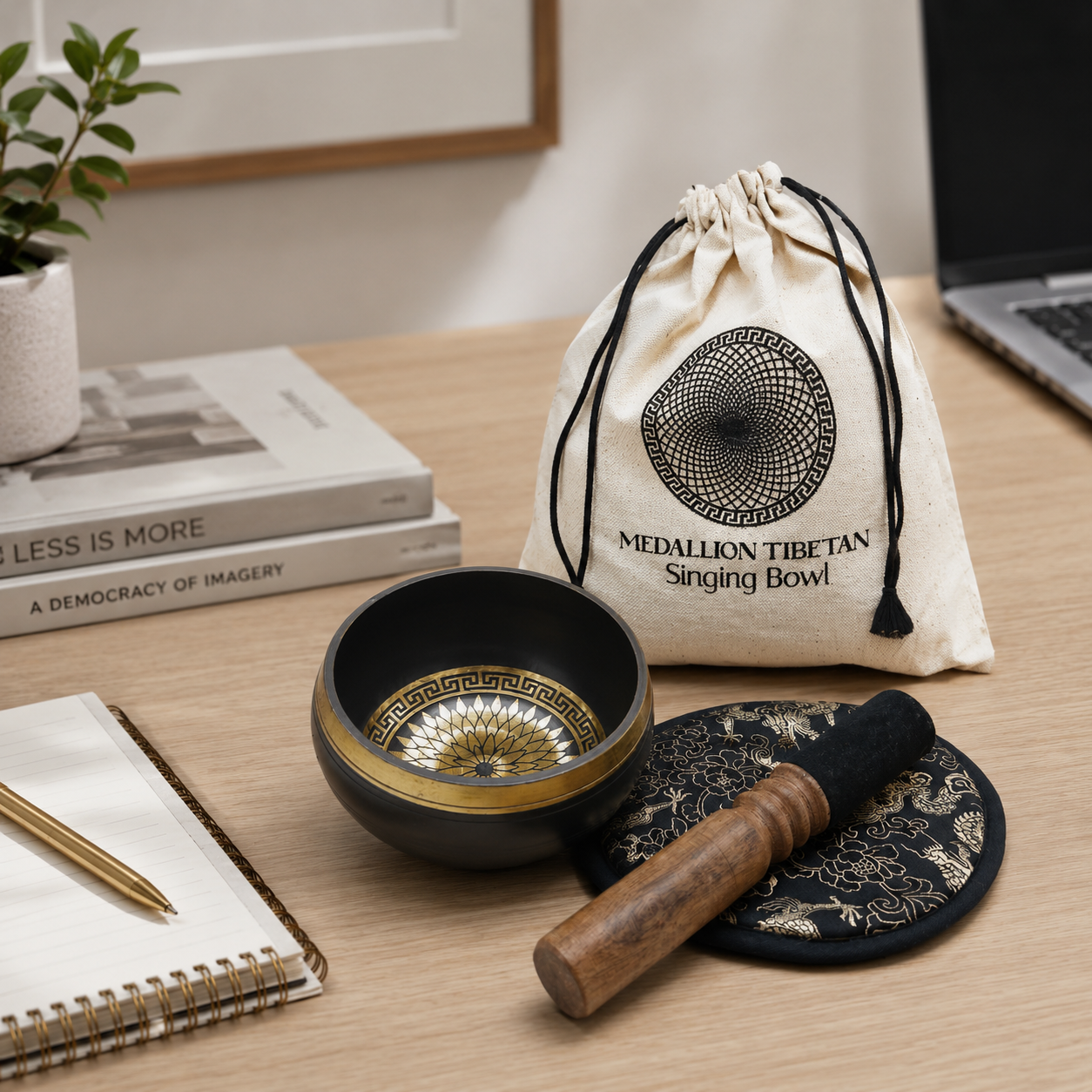 Hand Beaten & Engraved Singing Bowl Gift Set - 14cm - Round Medallions