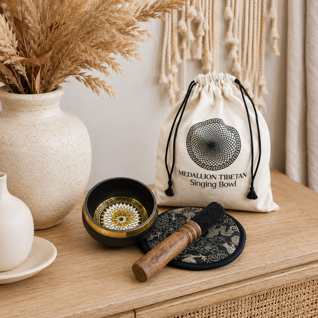 Hand Beaten & Engraved Singing Bowl Gift Set - 14cm - Round Medallions