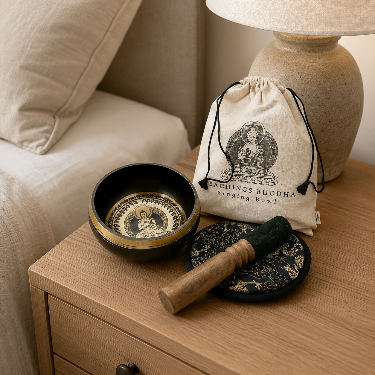 Hand Beaten & Engraved Singing Bowl Gift Set - 14cm - Teachings Buddha