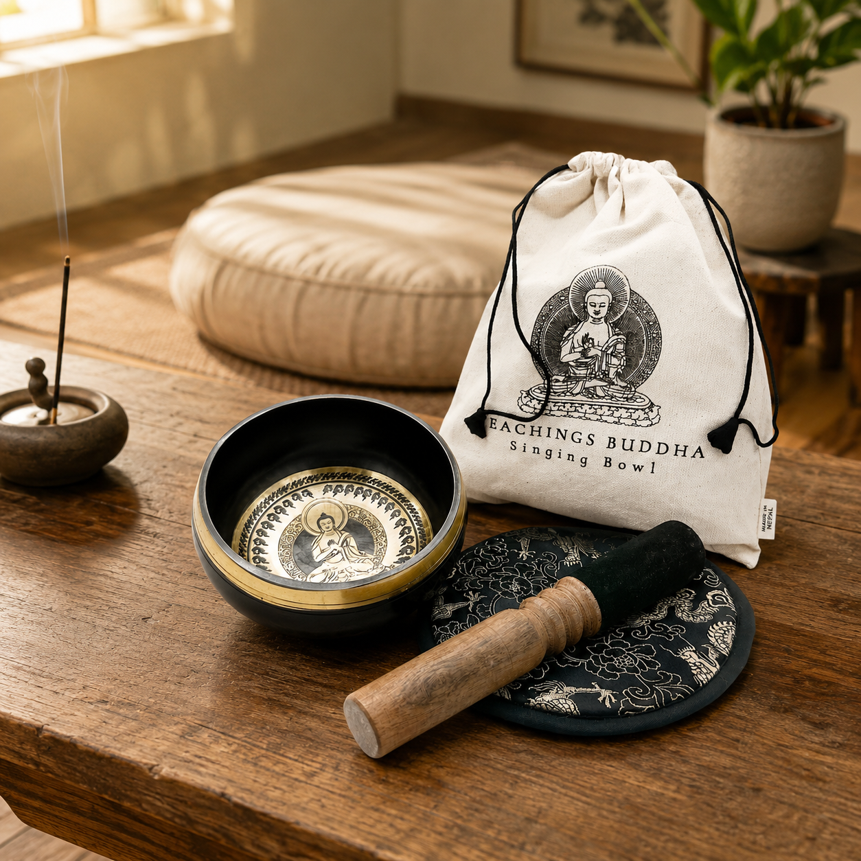 Hand Beaten & Engraved Singing Bowl Gift Set - 14cm - Teachings Buddha