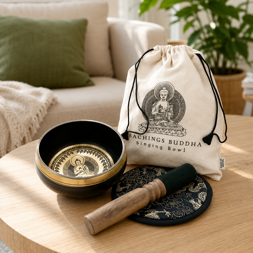 Hand Beaten & Engraved Singing Bowl Gift Set - 14cm - Teachings Buddha