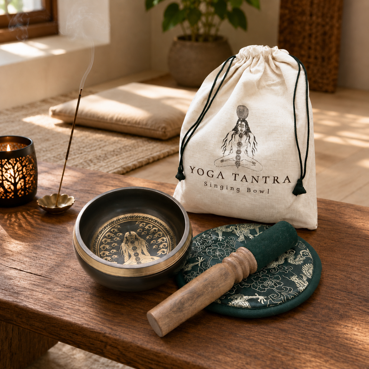Hand Beaten & Engraved Singing Bowl Gift Set - 14cm - Yogi