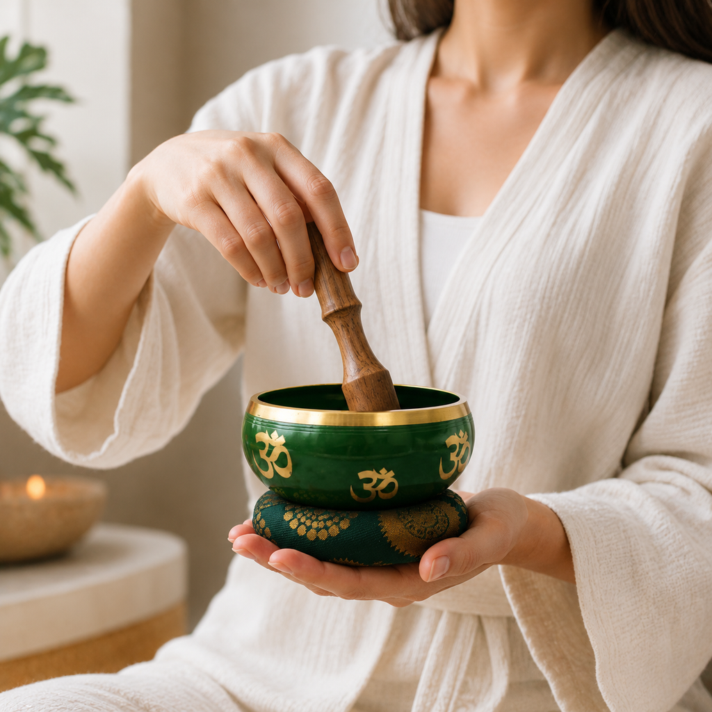 Lrg Tree of Life Singing Bowl Set- Green 14cm
