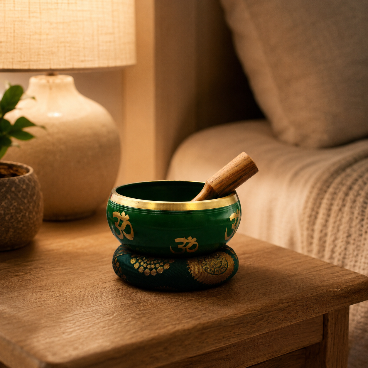 Lrg Tree of Life Singing Bowl Set- Green 14cm