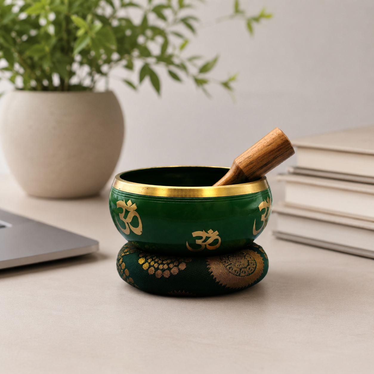 Lrg Tree of Life Singing Bowl Set- Green 14cm