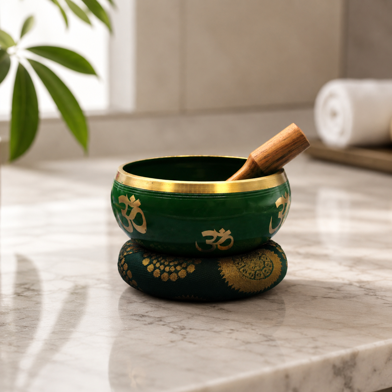 Lrg Tree of Life Singing Bowl Set- Green 14cm