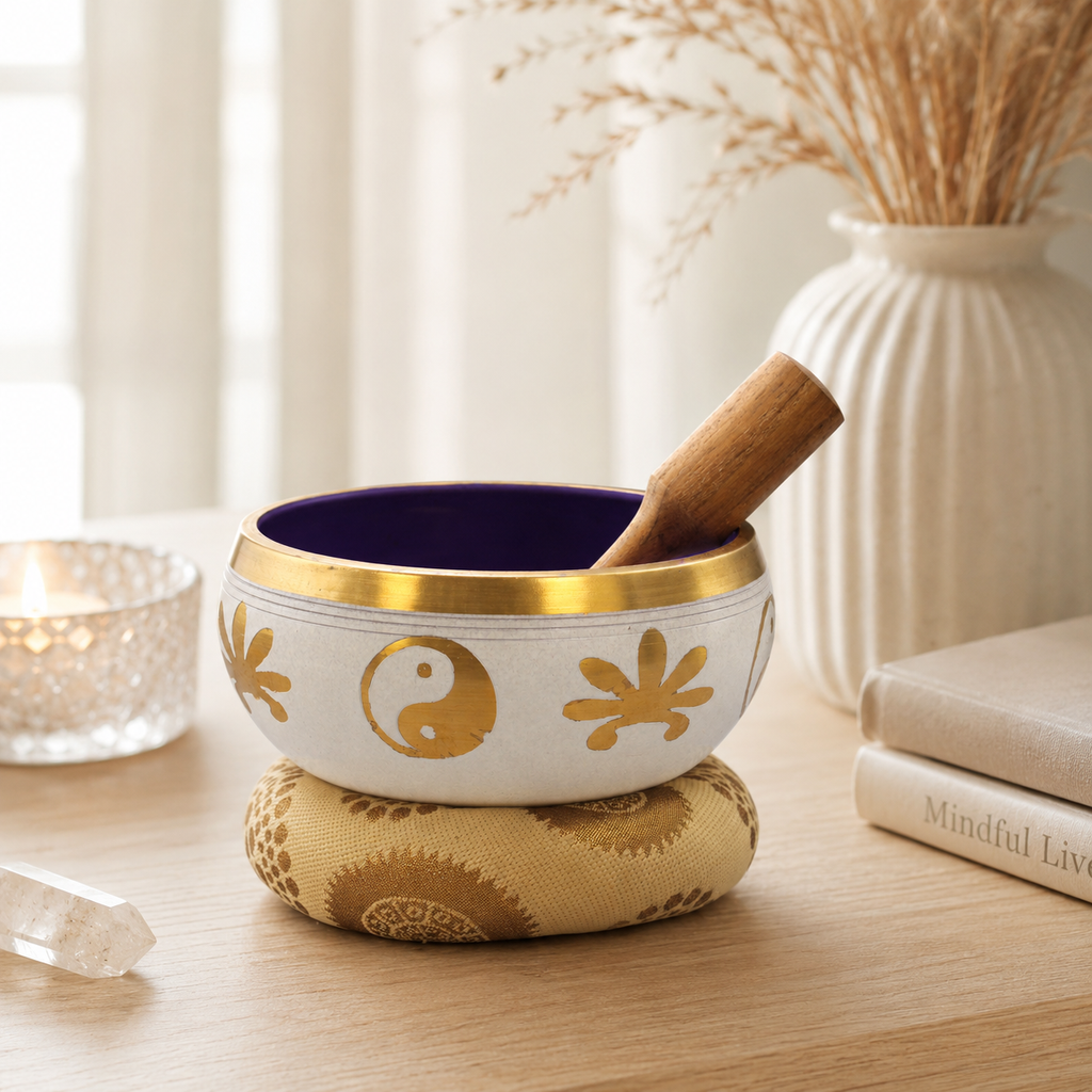 Lrg Yin & Yang Singing Bowl Set- White/Purple 14cm