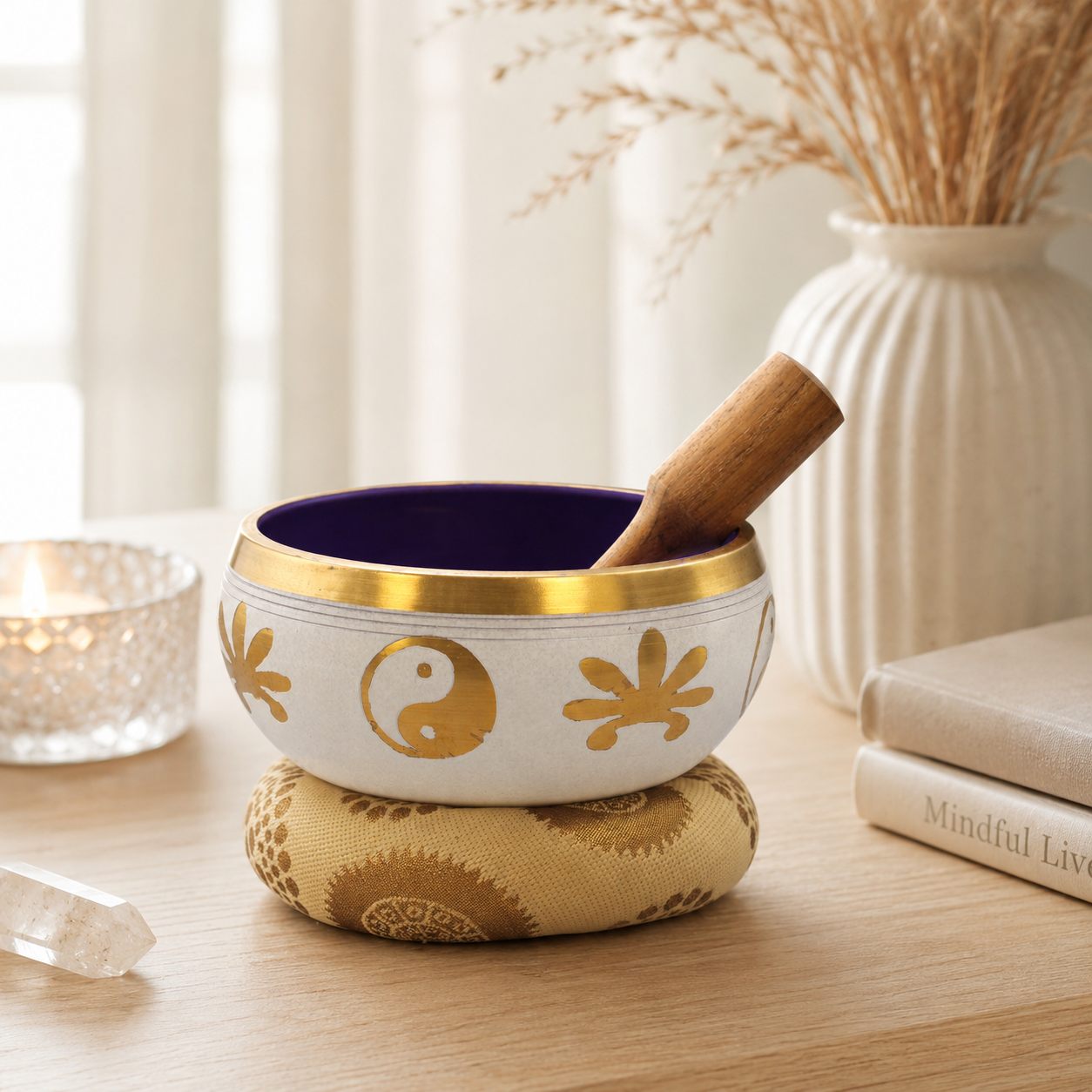 Lrg Yin & Yang Singing Bowl Set- White/Purple 14cm