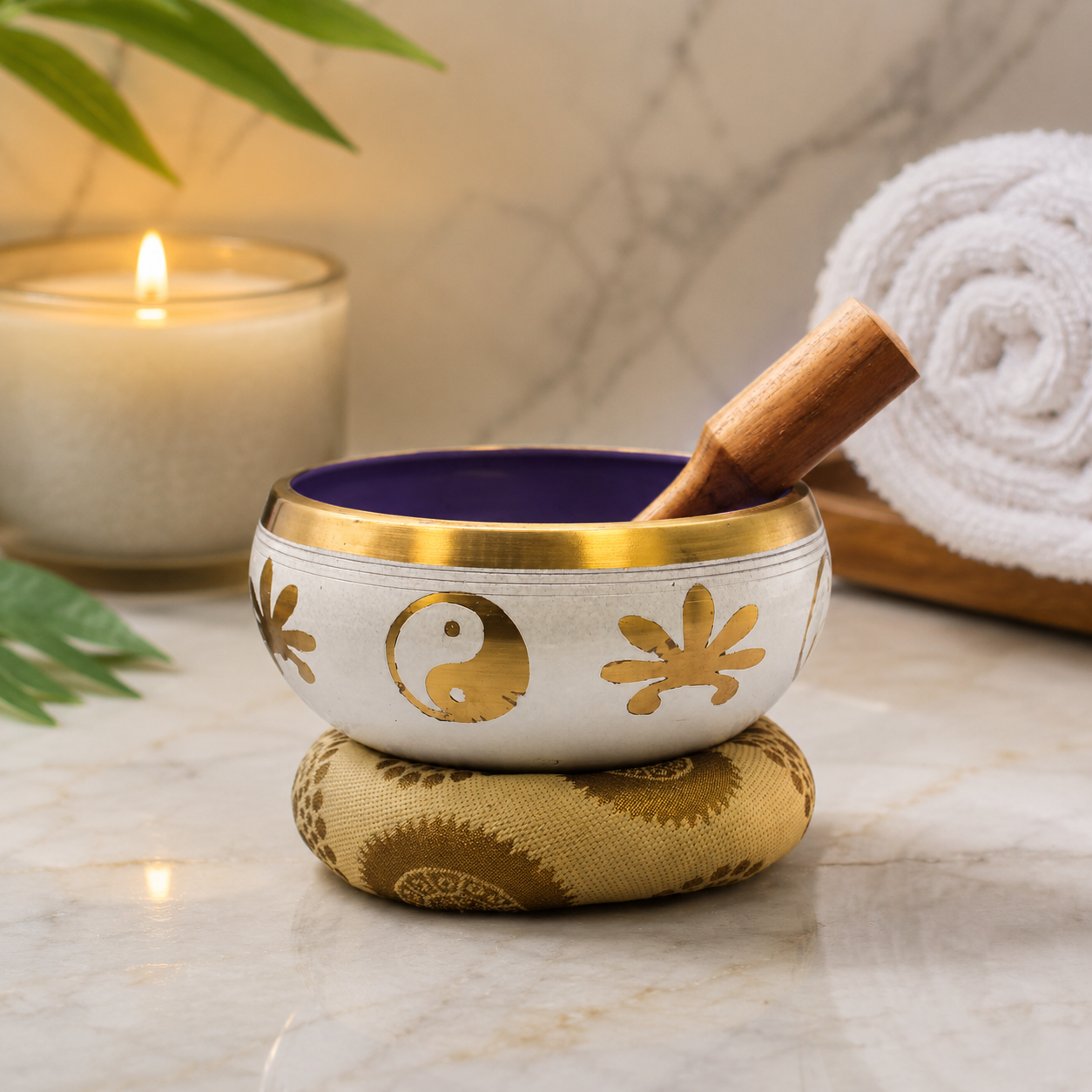 Lrg Yin & Yang Singing Bowl Set- White/Purple 14cm