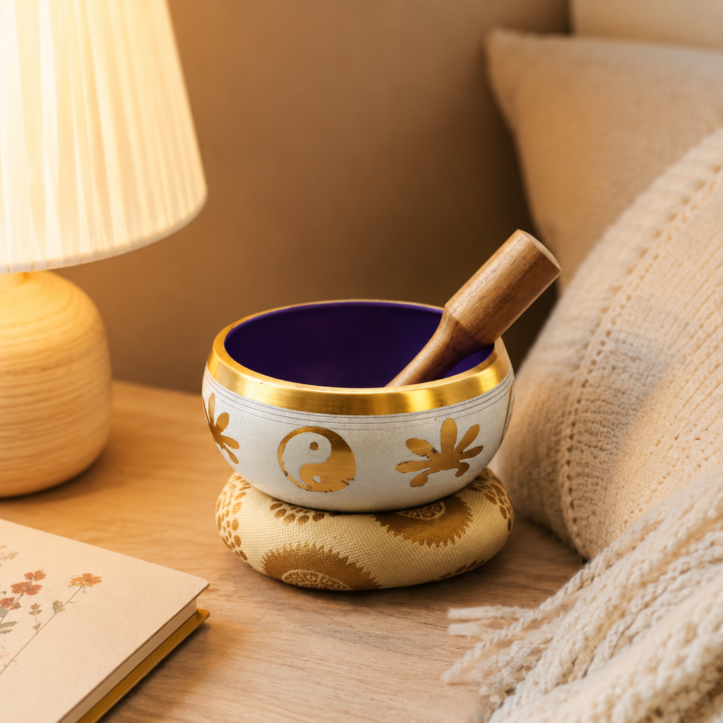 Lrg Yin & Yang Singing Bowl Set- White/Purple 14cm