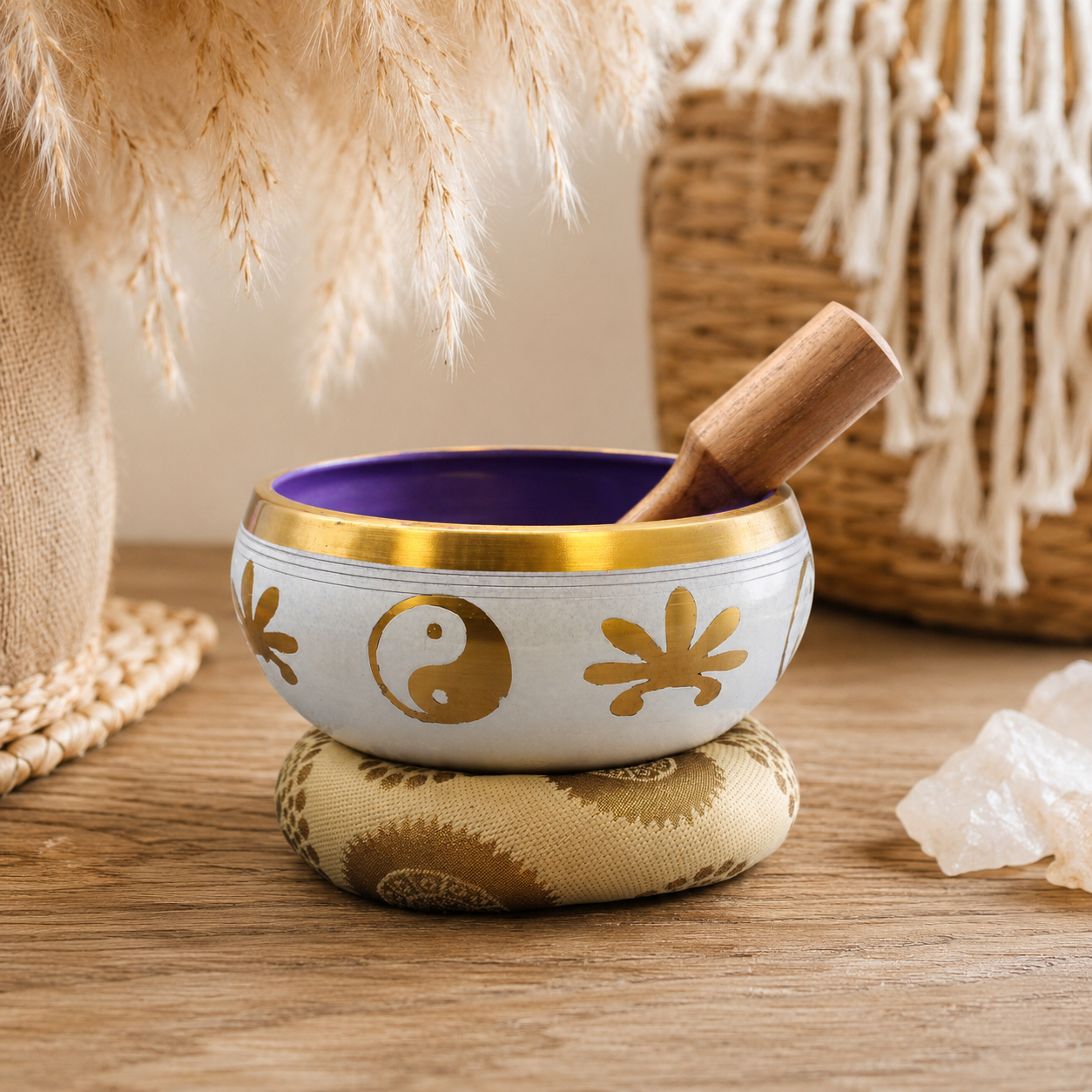 Lrg Yin & Yang Singing Bowl Set- White/Purple 14cm