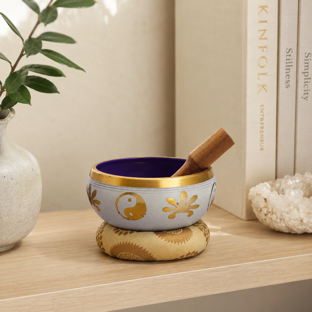 Lrg Yin & Yang Singing Bowl Set- White/Purple 14cm