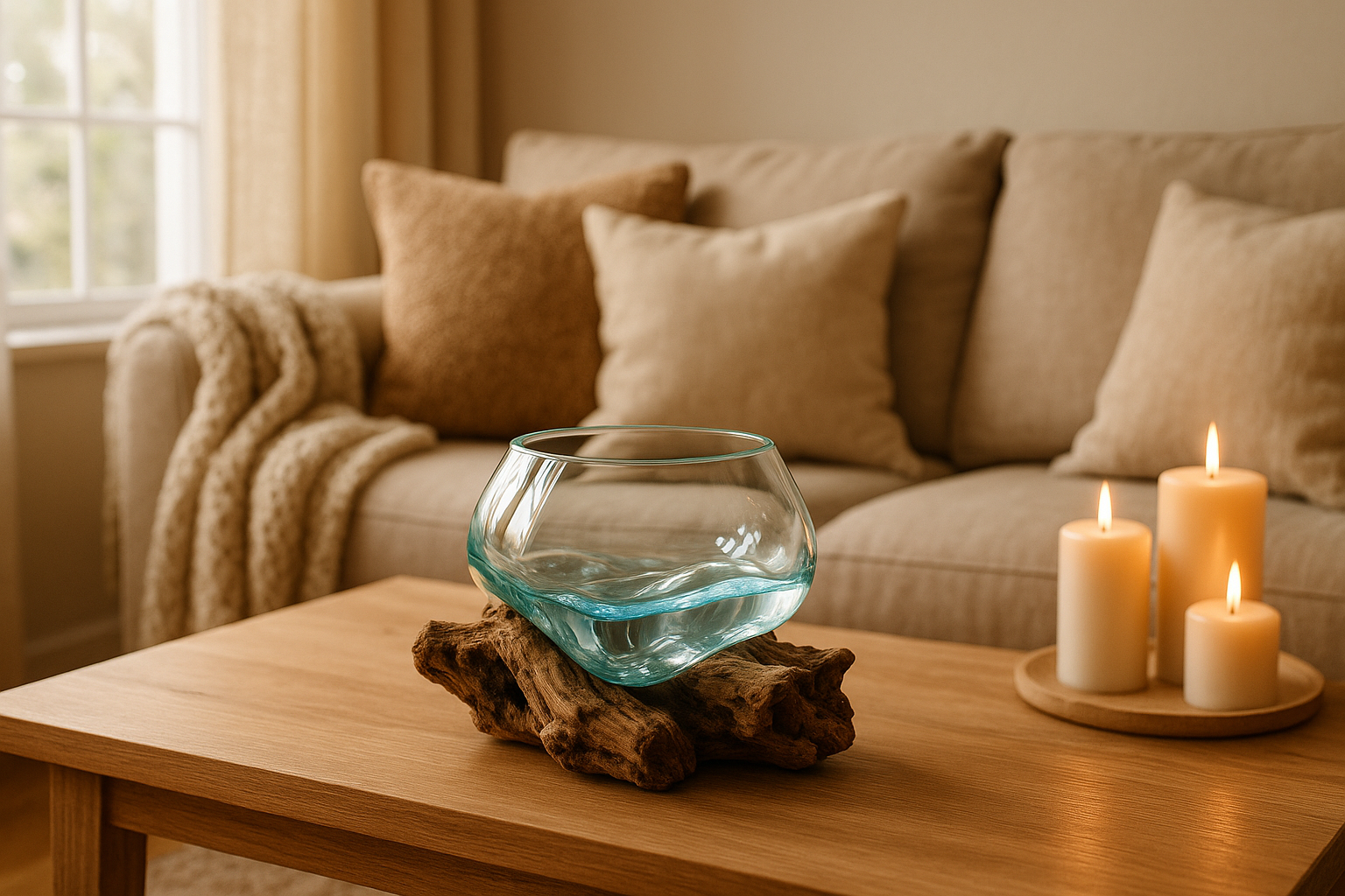 A cozy living room interior with stylish handmade home decor. A molten glass bowl on natural wood placed on a wooden coffee table, soft cozy throw on a sofa, decorative cushions, and lit candles creating a warm atmosphere. Natural light, modern rustic style, warm neutral colors. Perfect for a website banner.