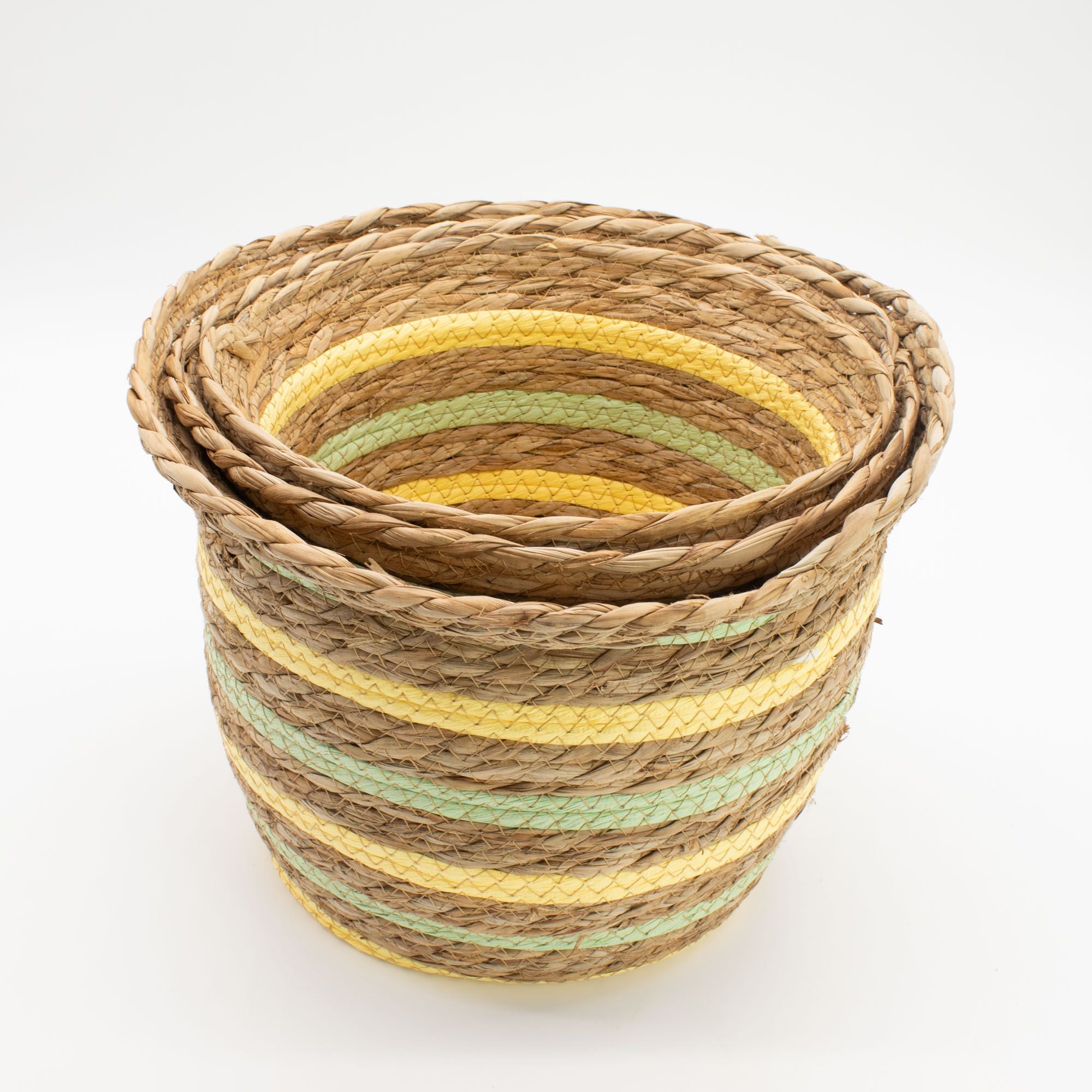 Set of 3 Vase Shaped Seagrass & Straw Baskets – Natural, Yellow & Green – Woven Storage Baskets
