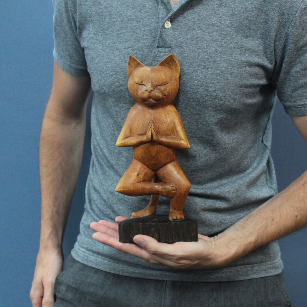 Handcarved Suar Wood Yoga Cat Figurine 31cm – One Leg Pose – Handmade Indonesian Wooden Ornament