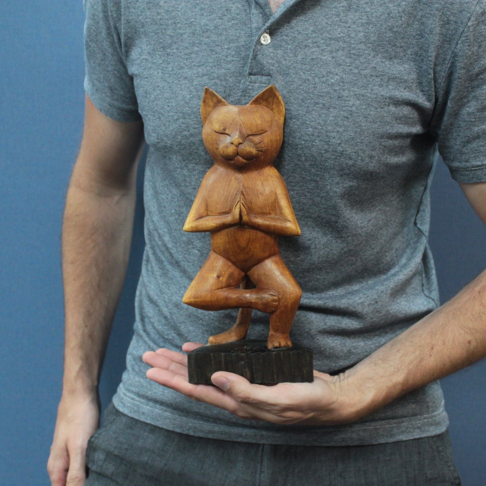 Handcarved Suar Wood Yoga Cat Figurine 31cm – One Leg Pose – Handmade Indonesian Wooden Ornament