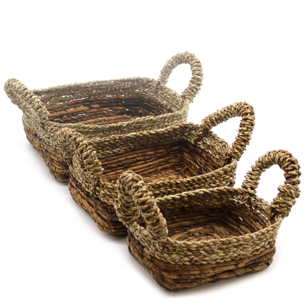 Set of 3 Square Banana Leaf & Seagrass Baskets – Natural Woven Storage Baskets