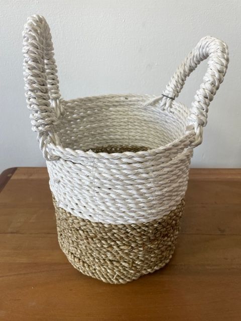 Set of 3 Round Seagrass Baskets – Natural & White – Woven Storage Baskets