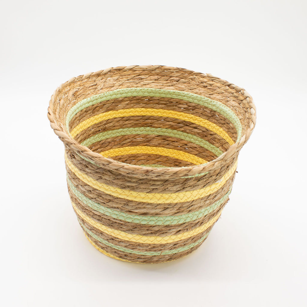 Set of 3 Vase Shaped Seagrass & Straw Baskets – Natural, Yellow & Green – Woven Storage Baskets