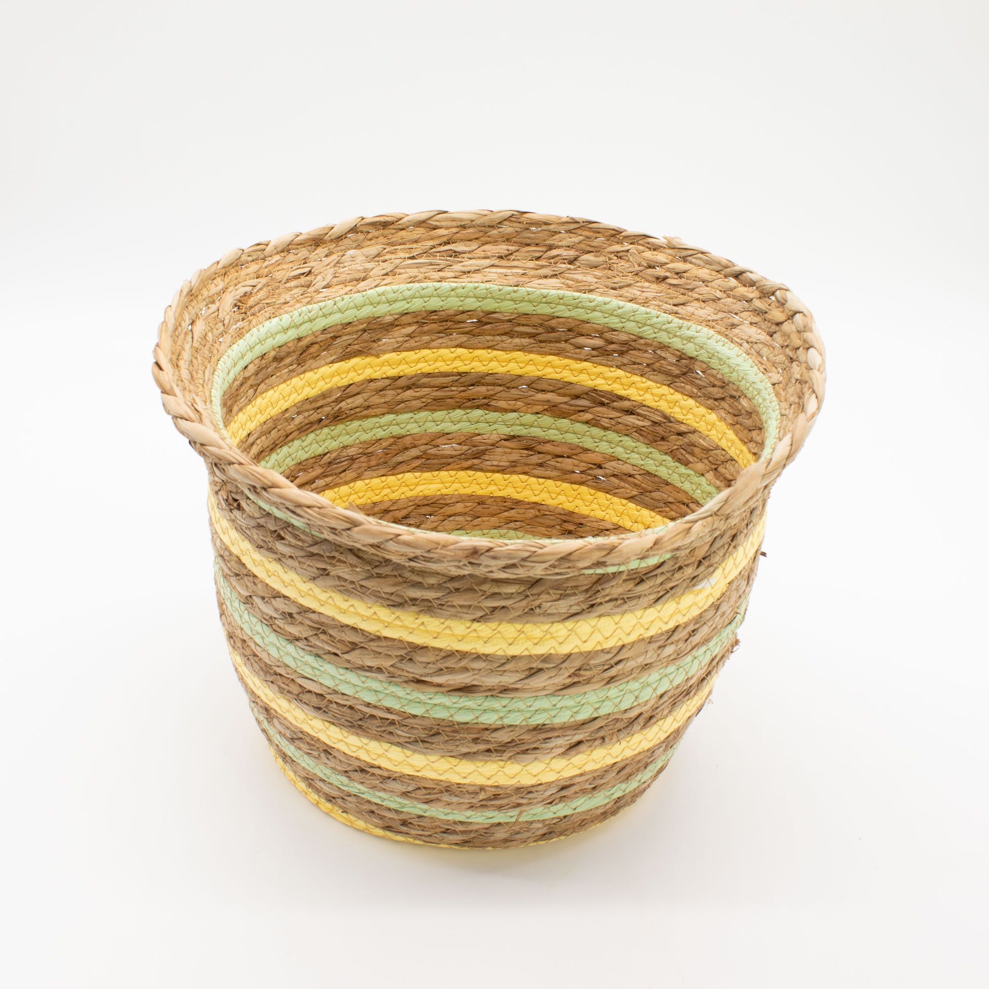 Set of 3 Vase Shaped Seagrass & Straw Baskets – Natural, Yellow & Green – Woven Storage Baskets