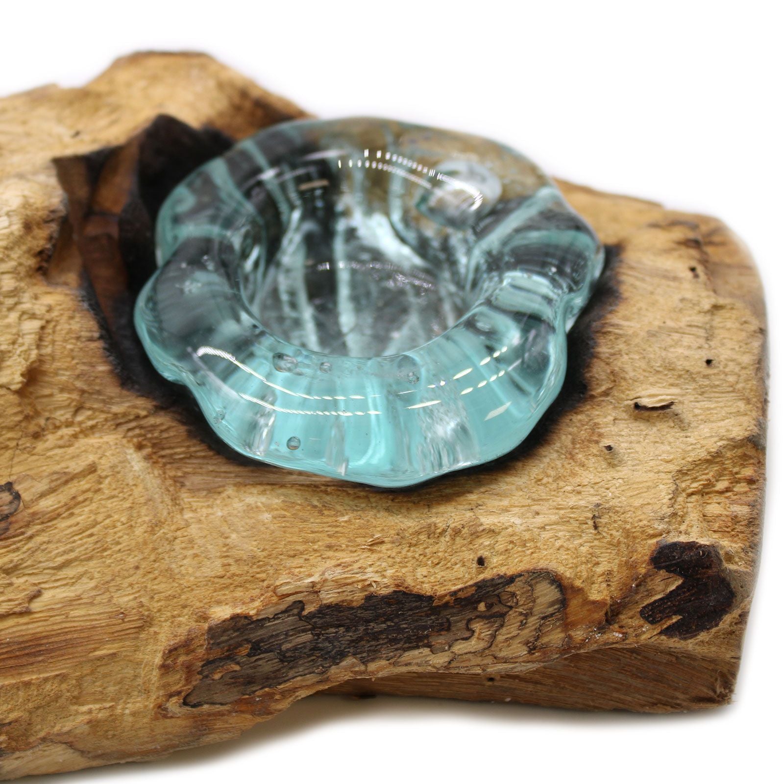 Handmade Molten Glass Candle Holder on Natural Wood – Unique Home Decor UK